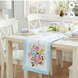 Cottage Rose Pink and Blue Flowers Stripe Border 13 x 70 inch Table Runner